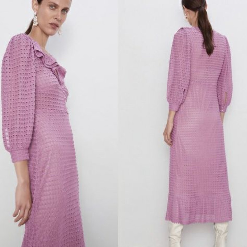 Zara Knit Crochet Lilac Puff Sleeve Ruffle Collar Medium Midi Midaxi Dress